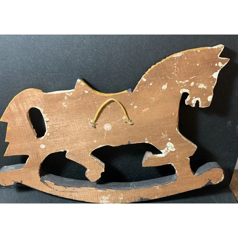 Antique Wooden Rocking Horse Wall Plaque Hanging Wood Picture Décor Nursery Deco